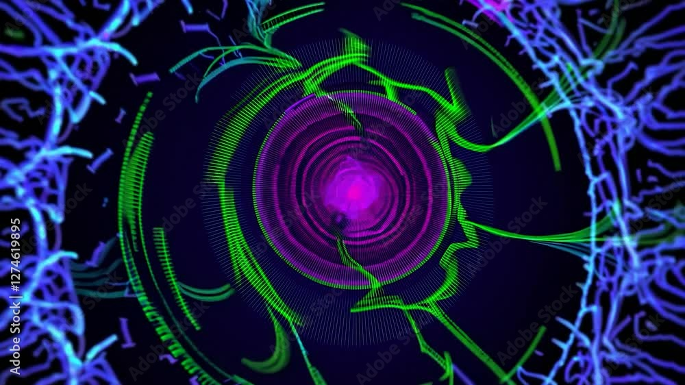 Aufkleber dynamic abstract design featuring swirling green and purple light patterns on a dark background, cre