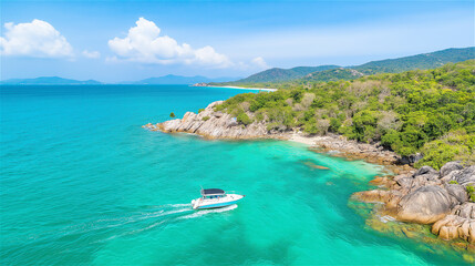 Fototapeta premium A serene beach with turquoise waters, clear skies, and a small boat drifting along the coastline, evoking a sense of calm and relaxation by the sea.