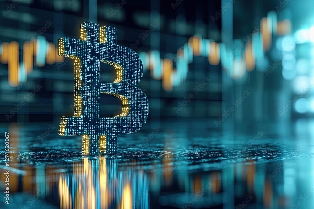 Poster on a graph with a soft, defocused background, bitcoin is shown as a gold coin, symbolizing its growt