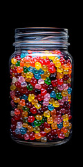 A jar of colorful gummy bears, filled to the brim with sweet candies of various shapes and colors, on a black background for contrast.