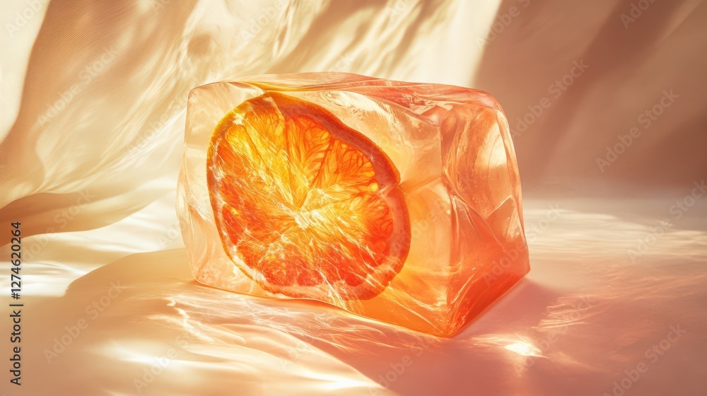 Poster a translucent ice cube with a vibrant orange slice embedded, illuminated by soft light
