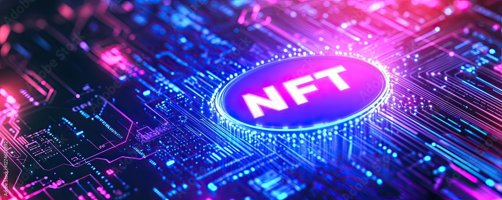 Poster nft nonfungible tokens banner featuring glowing blue and purple hud elements on a computer circuit b