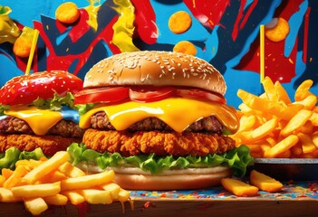vibrant close assorted fast food delights showcasing colorful crispy tasty chicken nuggets set bold background, burger, fries, onion, rings, sandwich