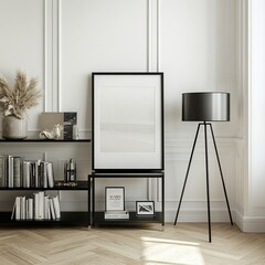 Modern Home Decor: Stylish Room Arrangement with Black Frames, Books, and Floor Lamp