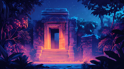 Luminous jungle temple, ancient structure entwined with radiant vines, adorned with enigmatic carvings, evoking a sense of wonder and mystery. Mystic Radiant Temple. Illustration