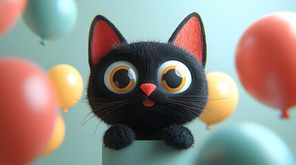 Obraz premium Cute cartoon black cat peeking from behind a sign with balloons, possible use for a children's product