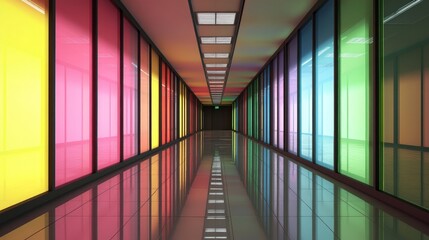 Obraz premium Colorful corridor, glass walls, reflective floor, modern building, interior design