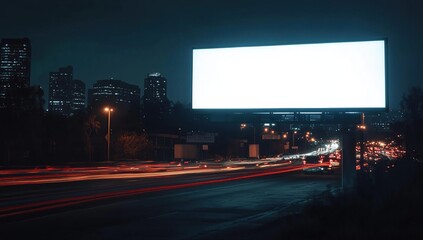 Blank Billboard at Night: Cityscape with Traffic Lights and Urban Scenery. Advertising Space, Highway View, Dark City Streets.