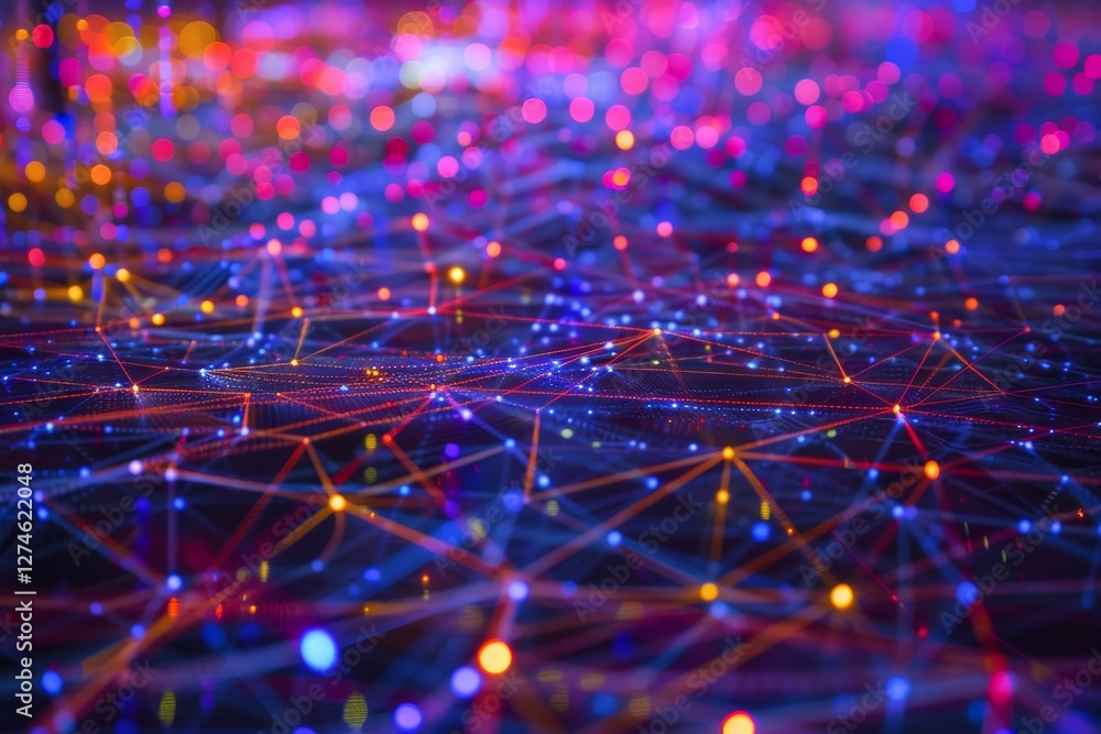 Poster dynamic waves of glowing particles create an abstract representation of data flow in vibrant colors 