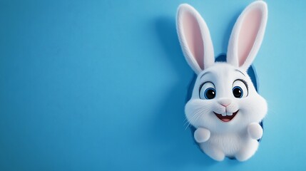 Fototapeta premium White bunny peeking through bright blue hole pictures