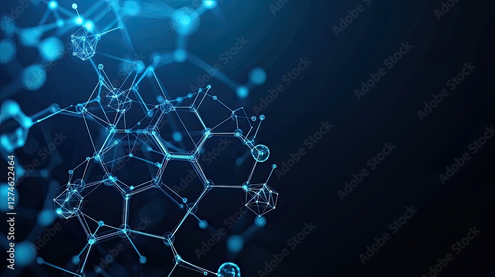 Poster abstract chain of hexagonal shapes set against a data technology background, rendered in 3d