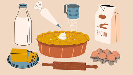 Ingredients for baking. Milk, pastry bag, eggs, rolling pin, flour, butter, powdered sugar.