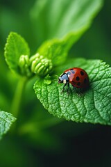 Fototapeta premium Ladybug crawling on green leaves of flower. Close-up macro. Small depth of field