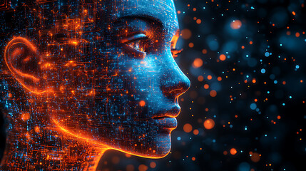 Futuristic digital illustration of a human head composed of intricate blue and orange circuit patterns, symbolizing artificial intelligence, machine learning, and cybernetic technology.

