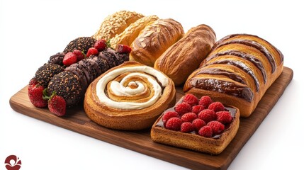 Assorted baked goods arranged on a wooden board, featuring pastries and fruits, ideal for culinary displays