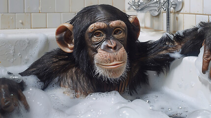 The canvas reveals a chimpanzee lying in a bathtub, surrounded by soap bubbles, in a pristine white bathroom, evoking surrealism and zoological dreamlike aesthetics