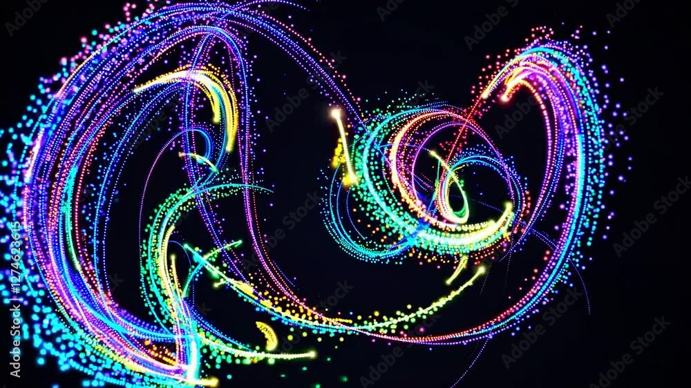 Poster vivid and intricate light trails swirl against a dark background, creating a mesmerizing abstract pa