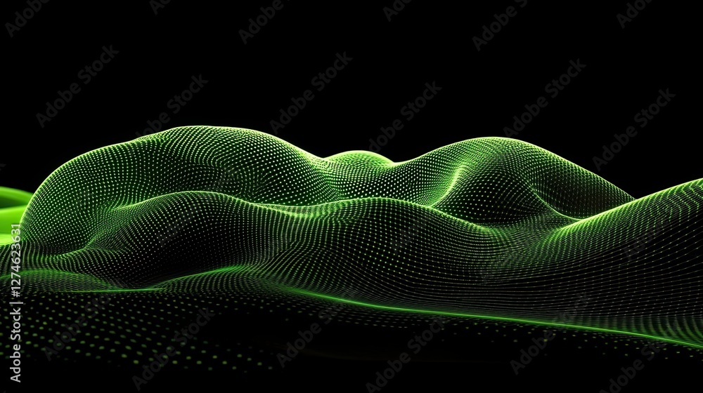 Poster abstract interweaving of green-shaded points and lines. visualization of particles forming waves. la
