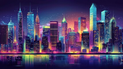 A futuristic cityscape with tall glass buildings and glowing neon lights, depicting the bustling energy of a metropolitan area at night.