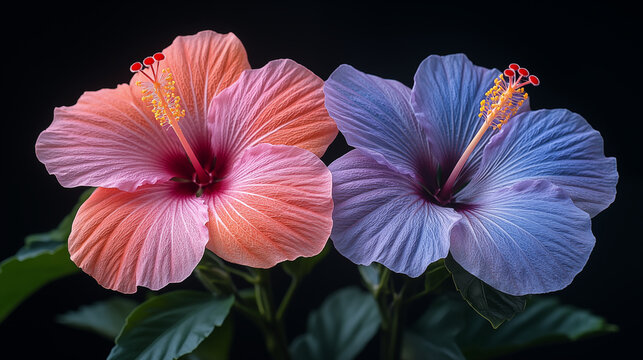 Vibrant hibiscus flowers in coral pink and purple hues against dark background, showing delicate petals and stamen details in macro photography