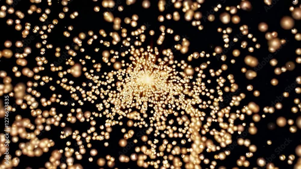 Poster golden particles swirling and converging, forming a radiant vortex against a stark black backdrop, c