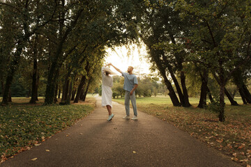 Fototapeta premium Joyful couple dances on a sunlit path surrounded by lush green trees.