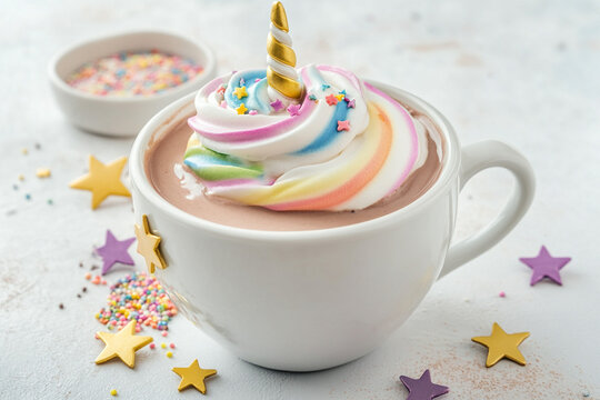 Delicious unicorn hot chocolate topped with rainbow whipped cream and colorful sprinkles in a cozy setting