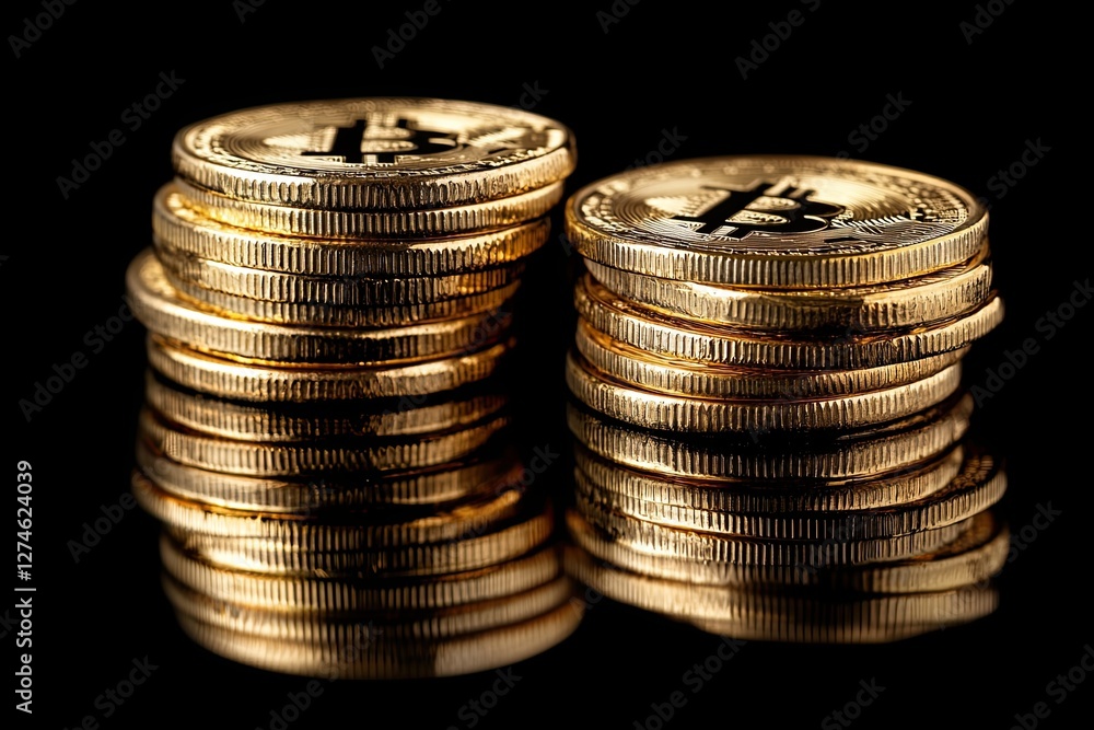 Poster a single golden bitcoin positioned in front of two stacks of golden coins on a reflective, black bac