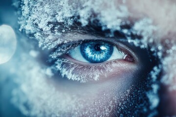 dramatic close-up of a man's face covered in crystalline frost patterns, intense blue eyes, dramatic side lighting, ethereal winter atmosphere