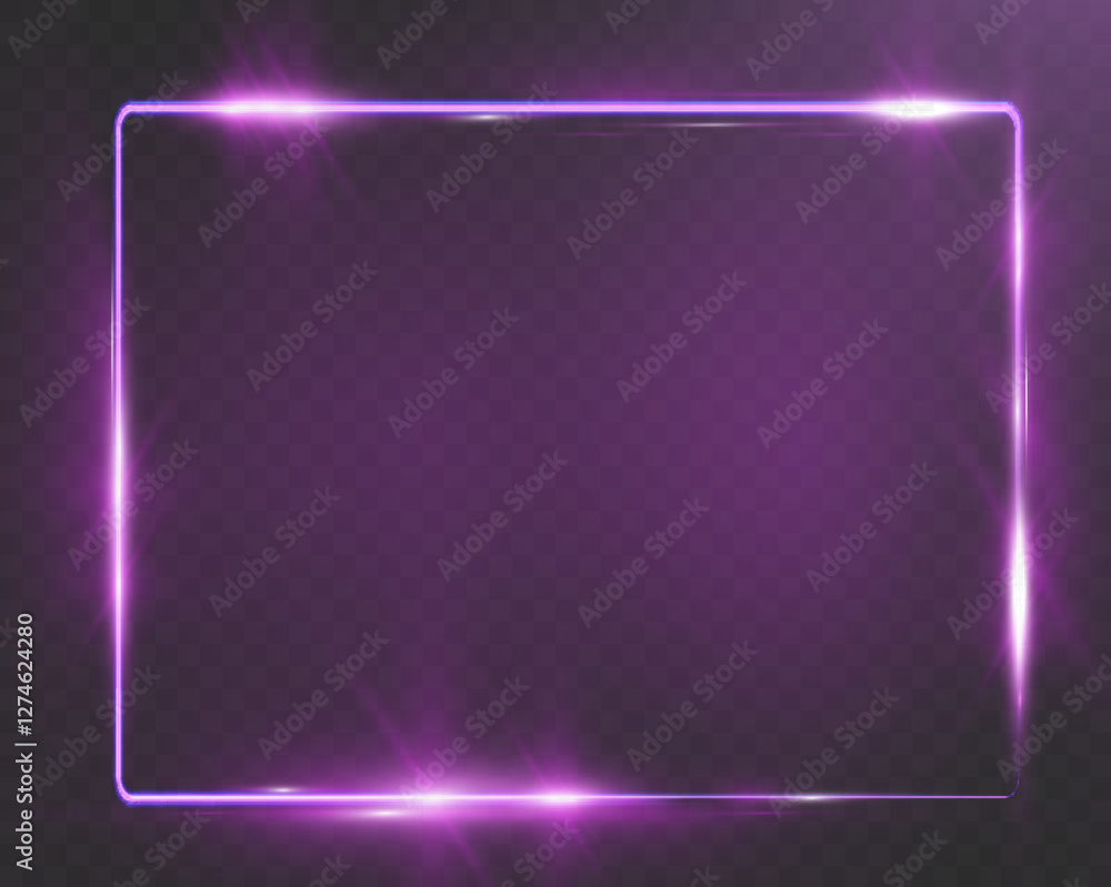 Poster purple neon glowing rectangular frame with rounded corners, sparkles, and lens flares, placed on a t