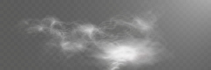 Realistic white smoke or mist effect with soft, swirling patterns on a transparent background. Perfect for overlays and atmospheric designs.