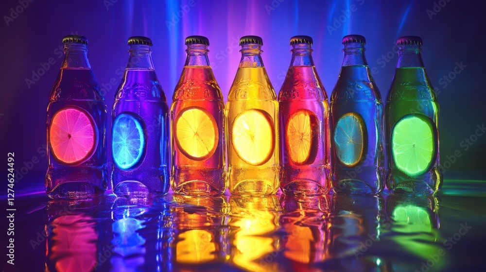 Poster colorful illuminated beverage bottles arranged in a row reflecting light with citrus slices