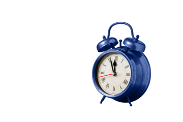 retro clock, watch, pointer clock, Blue color alarm clock on isolated white background close up