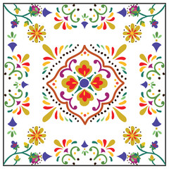 A vibrant, square repeat print, symmetrical design featuring colorful floral patterns and ornate swirls on a white background, framed by a bordered edge.