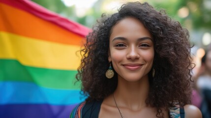 Young woman with curly hair smiling with LGBTQ+ rainbow flag