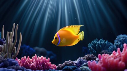 Obraz premium Colorful fish swimming in vibrant coral reef under soft light rays.