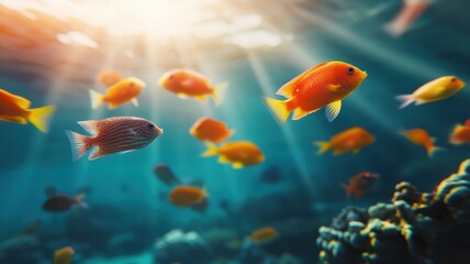 Naklejka premium Vibrant underwater scene with colorful fish swimming gracefully.