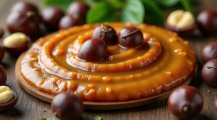 Rich caramel spirals blend with whole brown nuts, offering a rustic dessert vibe and a comforting sweet-and-savory experience.