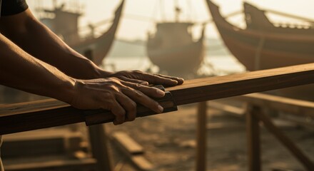 Crafting wood for a boat beneath a warm sunset in a coastal village, showing expert craftsmanship