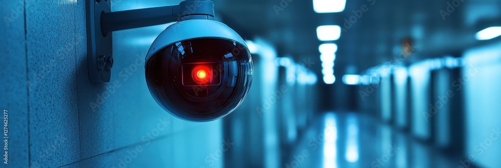 Poster high-resolution video camera with motion detection installed in a hallway during the night