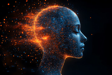Futuristic digital illustration of a human head composed of intricate blue and orange circuit patterns, symbolizing artificial intelligence, machine learning, and cybernetic technology.

