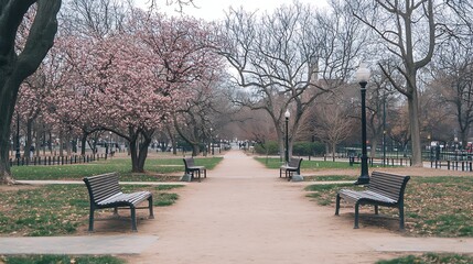 Naklejka premium Spring blossoms grace a park path with benches