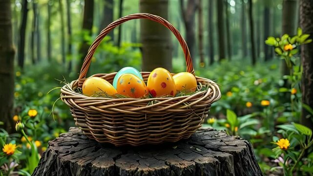 A wicker basket full of colored Easter eggs in a spring forest.