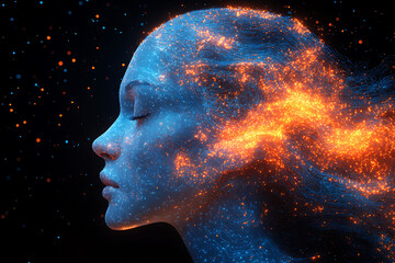 Futuristic digital illustration of a human head composed of intricate blue and orange circuit patterns, symbolizing artificial intelligence, machine learning, and cybernetic technology.


