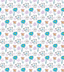 Ditsy cute floral seamless pattern. Hand drawn doodle style, aesthetic brush line, childish naive art graphic design. Random decorative flower, white colour background. Vector illustration
