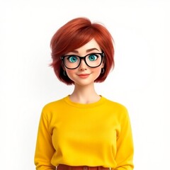 Obraz premium High-resolution image A 30-year-old woman with short, vibrant red hair in a choppy bob. She has large, bright blue eyes, a heart-shaped face, and black square glasses. 