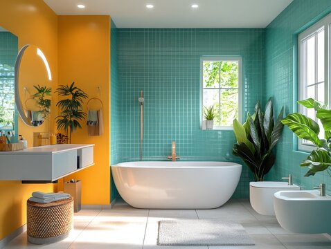 Create a bright, colorful bathroom with modern aesthetics. Incorporate vibrant hues like turquoise, coral, and lemon yellow. Dopamine Decor
