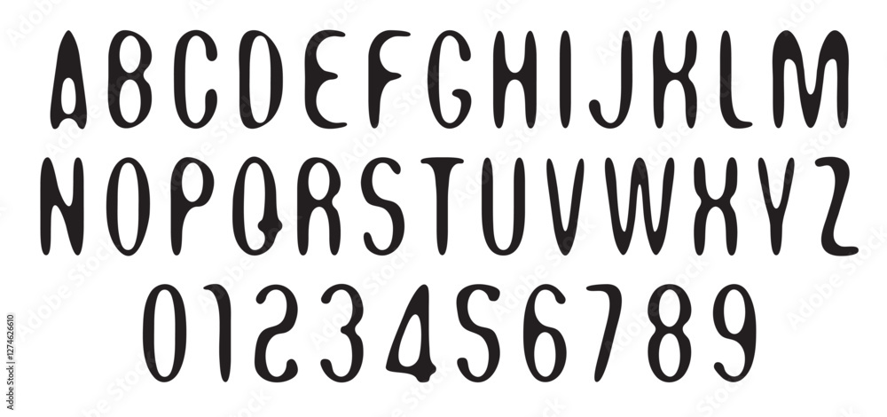 Poster vector round symmetrical simple font. set of letters and numbers of the latin alphabet.