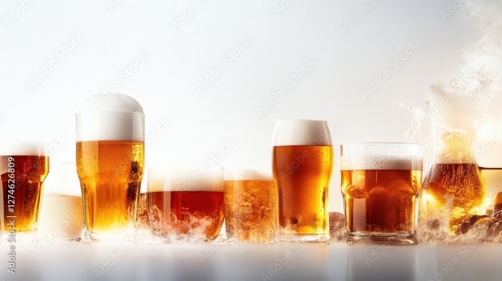 Poster various glasses of beer with different levels of foam and bubbles, showcasing a refreshing beverage 