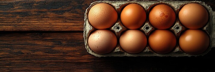 Graphic layout featuring arranged brown eggs in a carton on a wooden table